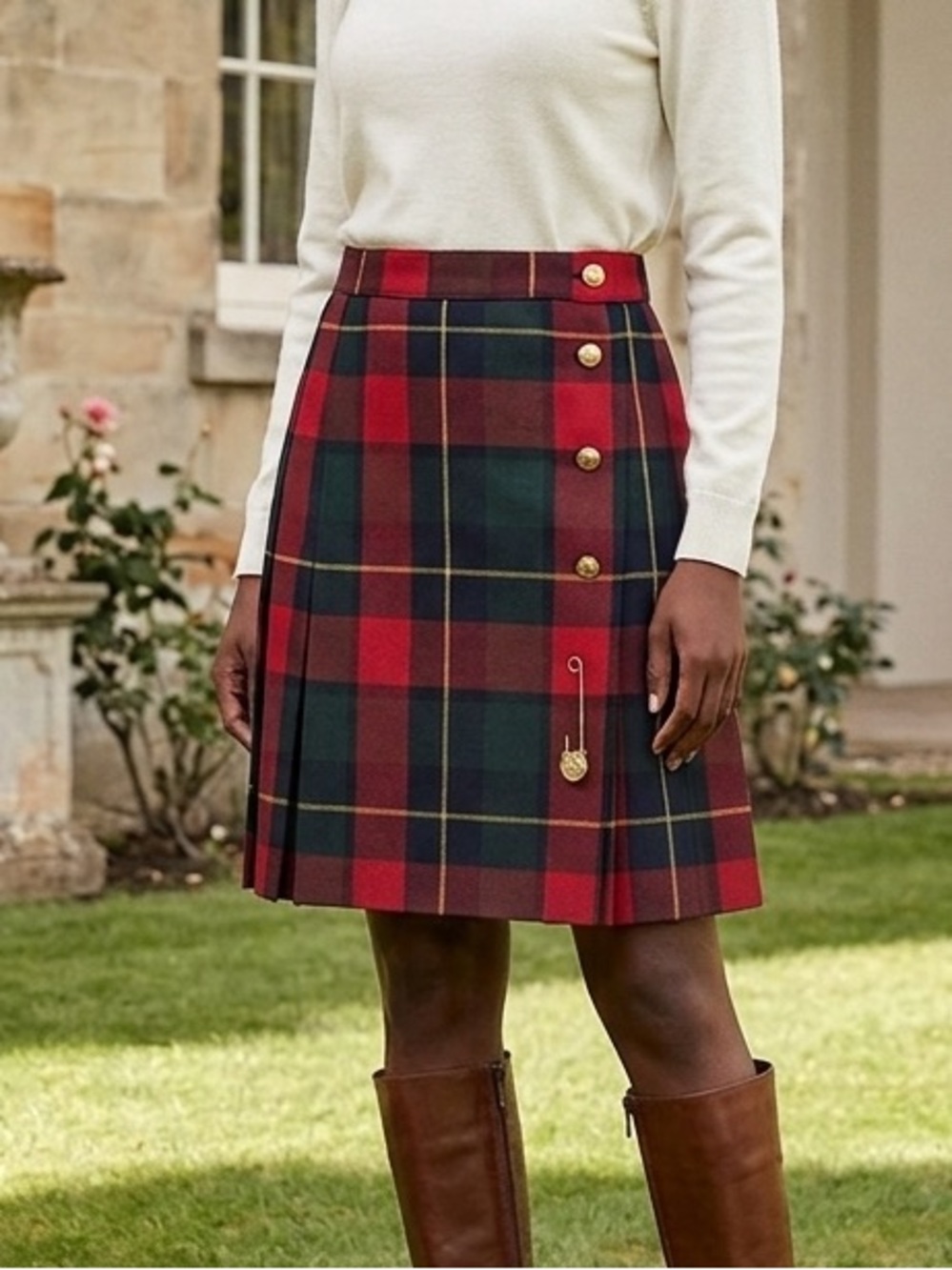 Vintage Plaid Wool Pleated Midi Skirt Tartan Kilt Academia Preppy XS S